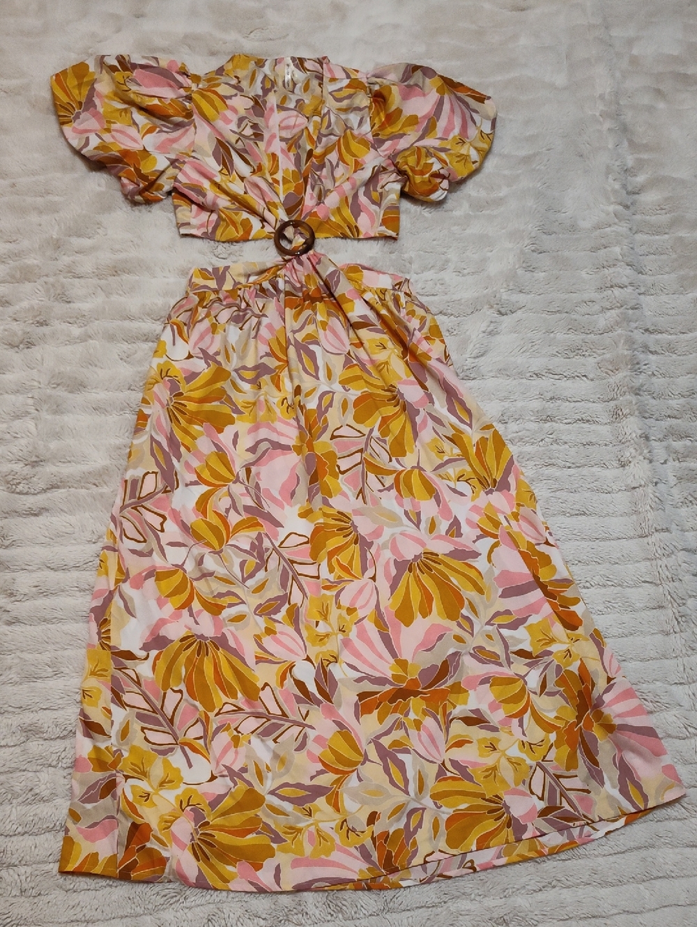 Floral Two-Piece Crop Top & Maxi Skirt Set - Pink, Mustard, Beige